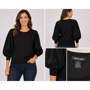 BYdesign Womens XL‎ Black Puff Sleeve Knit Top Crew Neck Viscose Blend Sweater